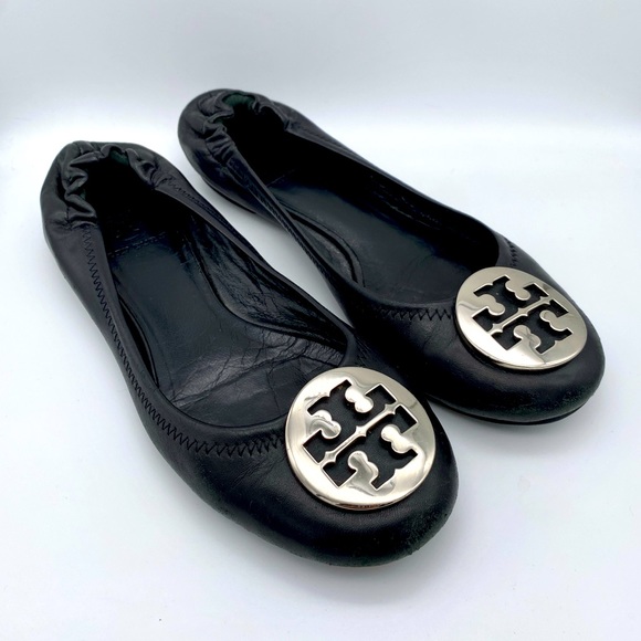 Tory Burch Shoes - TORY BURCH Black with Silver Logo Reva Flats - Sz 7